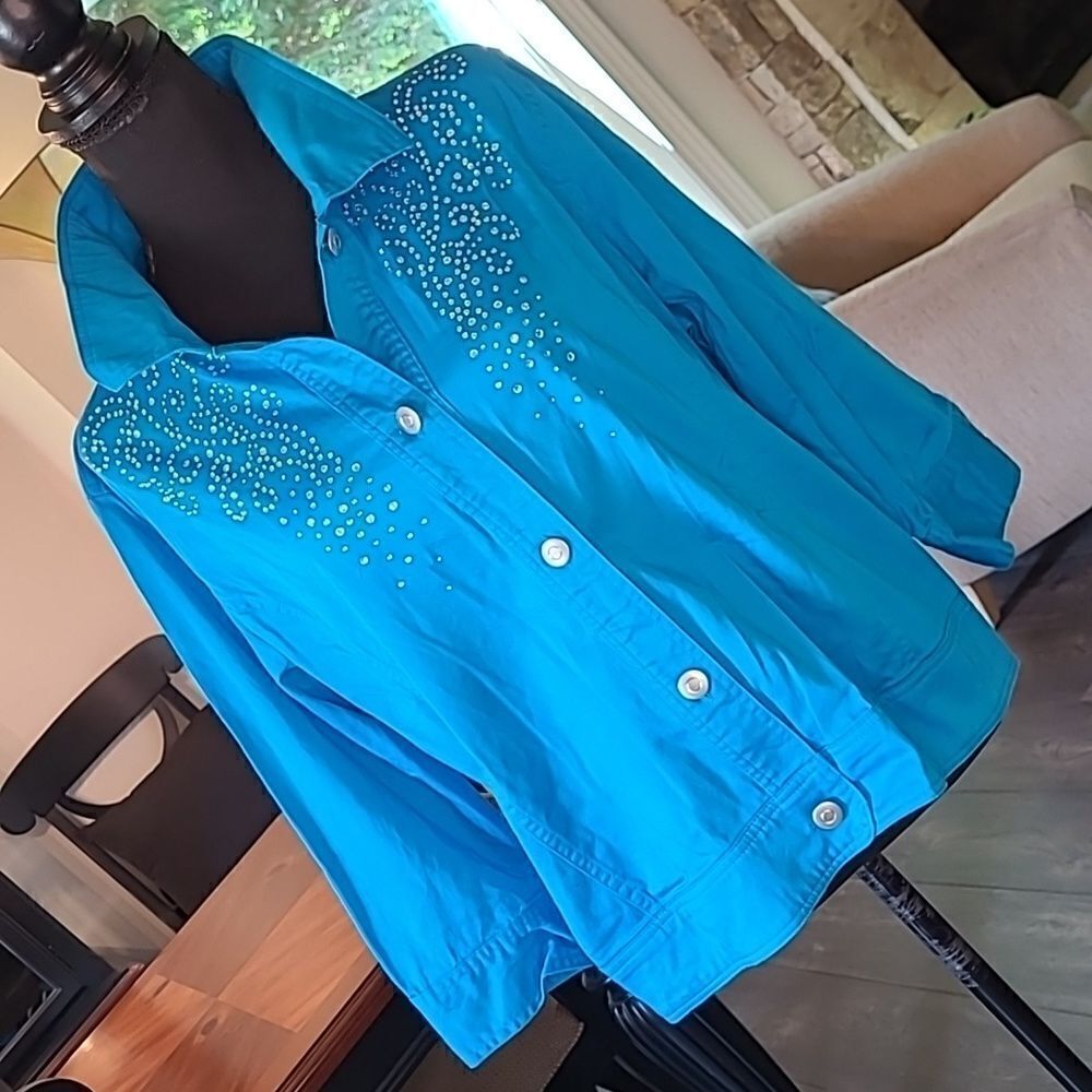 Sportelle Blue with Bling Quarter Sleeve Button Down Shirt
